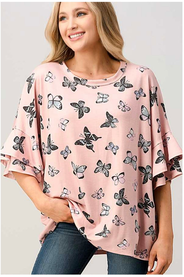 62 PSS-A {Butterfly Frenzy} SALE!!  Blush Pink Printed Top PLUS SIZE XL 2X 3X