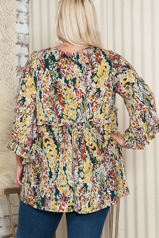 55 PQ-C {Pleasant Harmony} Mustard Green Floral Top EXTENDED PLUS SIZE 3X 4X 5X