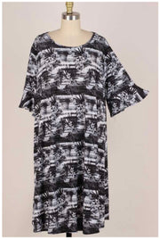 63 PSS-L {Island Girl}  SALE! Black Tropical Print Dress Ruffle Sleeves EXTENDED PLUS SIZE 3X 4X 5X