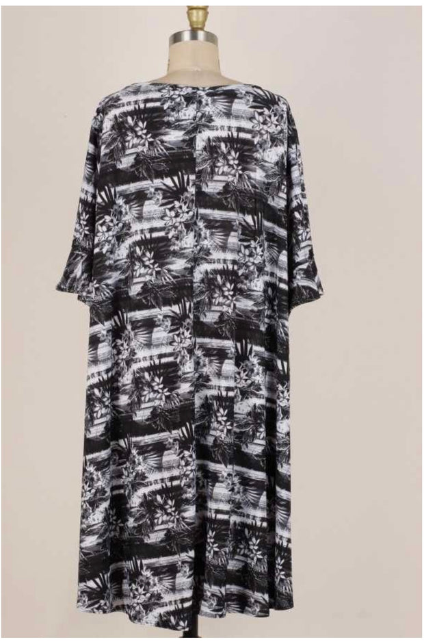63 PSS-L {Island Girl}  SALE! Black Tropical Print Dress Ruffle Sleeves EXTENDED PLUS SIZE 3X 4X 5X