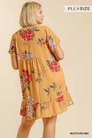 66 PSS-B {True Temptation} "UMGEE" SALE!  Yellow Floral Dress PLUS SIZE XL 1X 2X