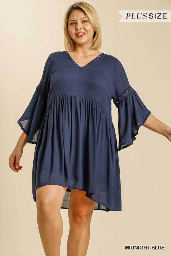 64 SQ-D {Let The Trumpet Play} "UMGEE" Midnight NAVY BLUE Dress with Trumpet Sleeves PLUS SIZE XL 1XL 2XL SALE!