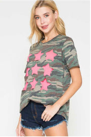 65 CP-V {Wild Times Ahead} Camo Top ***SALE***with Neon Pink Stars PLUS SIZE 1X 2X 3X