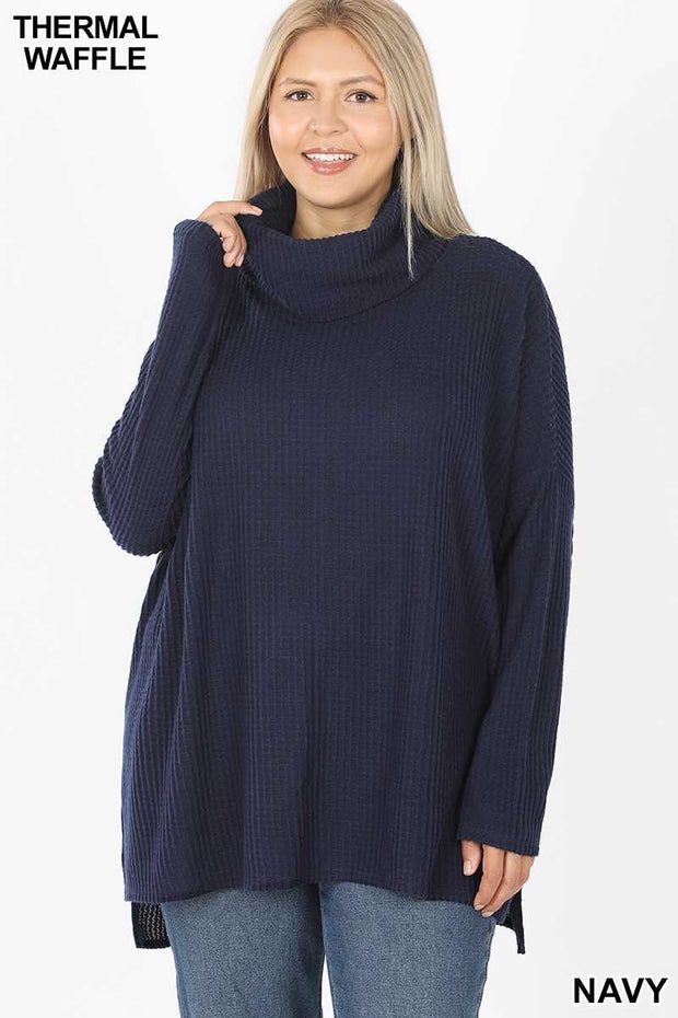40 SLS-B {Here For Smores} Navy Waffle Knit Cowl Neck Top PLUS SIZE XL 2X 3X