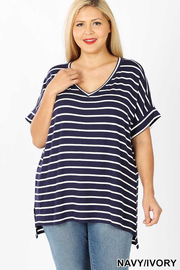 63 PSS-B {Good Energy} SALE!! Navy Striped Top Cuffed Sleeves PLUS SIZE XL 2X 3X