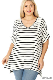 63 PSS-C {Good Energy}  SALE!! White Striped Top Cuffed Sleeves PLUS SIZE XL 2X 3X