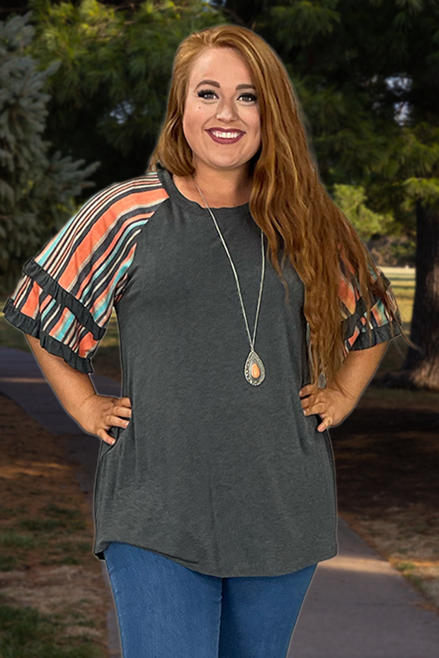 82 CP-F {Just Be You} Charcoal Tunic W/Striped Sleeve PLUS SIZE 1X 2X 3X