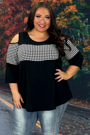 99 OS-F {Kicking Back} Black/Houndstooth Open Shoulder Top CURVY BRAND!!!  EXTENDED PLUS SIZE 1X 2X 3X 4X 5X 6X