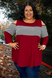 97 OS-G {Kicking Back} Red/Houndstooth Open Shoulder Top CURVY BRAND!!!  EXTENDED PLUS SIZE 1X 2X 3X 4X 5X 6X