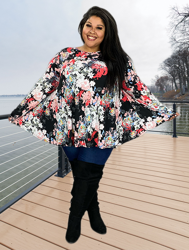68 PLS-S {Labor Of Love} Black Floral Long Sleeve Top EXTENDED PLUS SIZE 3X 4X 5X