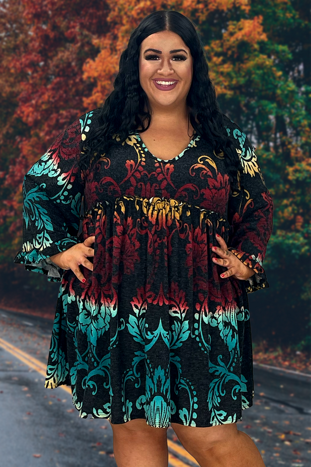 86 PQ-Y {No Wrong Answer} Black Damask Print Babydoll Tunic EXTENDED PLUS SIZE 3X 4X 5X