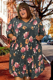 32 PSS-C {No Fooling Around} ***SALE***Charcoal Floral V-Neck Dress EXTENDED PLUS SIZE 3X 4X 5X