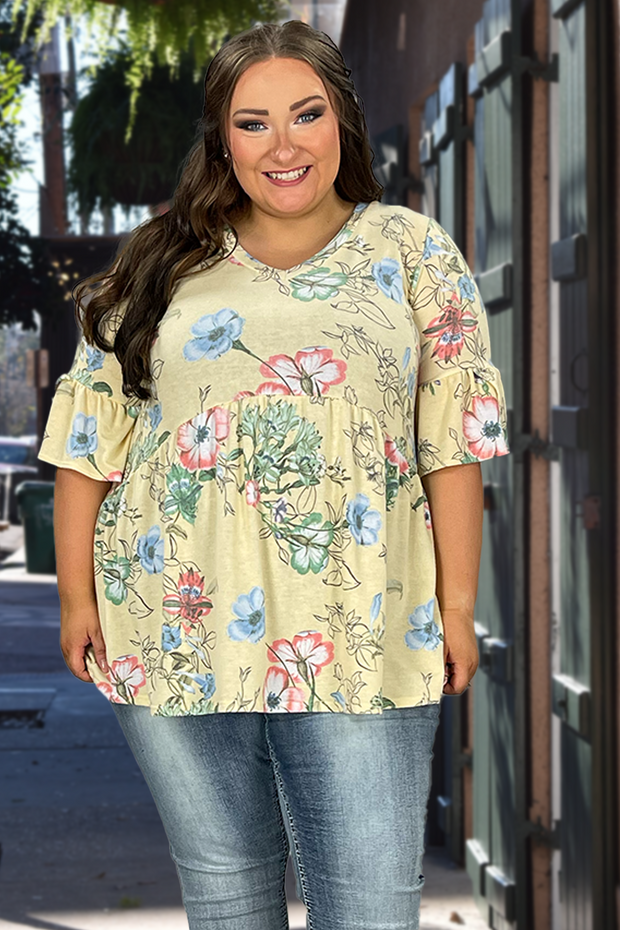 70 PSS-G {Not Counting} Yellow Floral***SALE*** Printed Top PLUS SIZE 1X 2X 3X