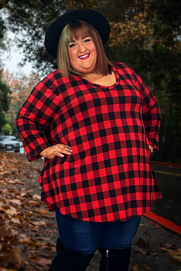 52 PQ-D {Plaid To The End} Red Plaid Top EXTENDED PLUS SIZE 3X 4X 5X