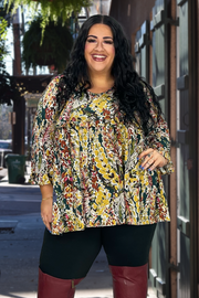 55 PQ-C {Pleasant Harmony} Mustard Green Floral Top EXTENDED PLUS SIZE 3X 4X 5X