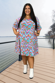 87 PSS-E {Seventies Inspired} Multi-Color Ruffle Sleeve Dress PLUS SIZE 1X 2X 3X***SALE***
