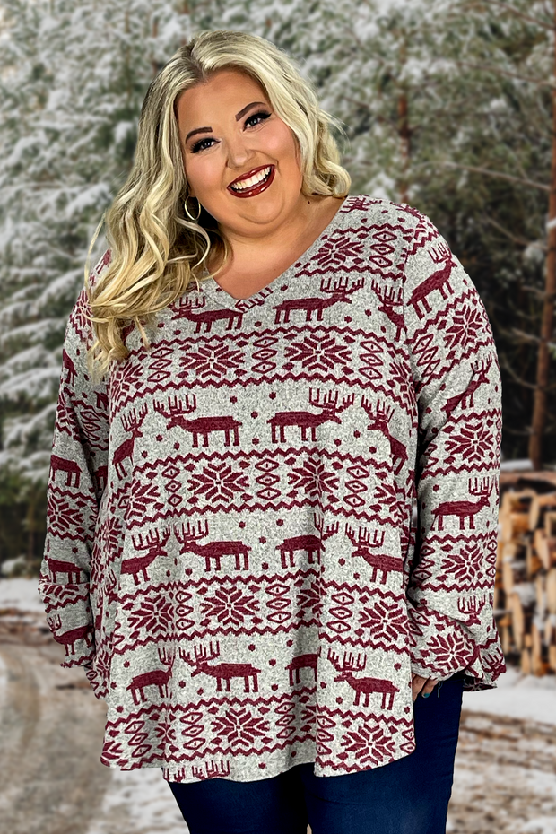 70 PLS-P {The Deer Are Here} Grey Reindeer Print V-Neck Top EXTENDED PLUS SIZE 3X 4X 5X