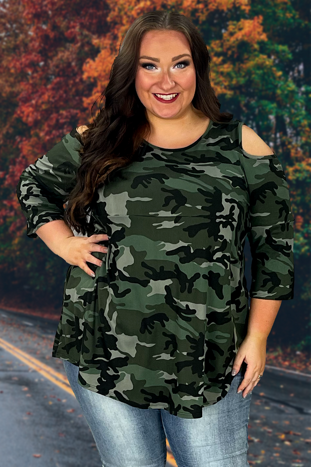 33 OS-J {The Hunt Is Here} Olive Camo Print Open Shoulder Top CURVY BRAND!!! EXTENDED PLUS SIZE 1X 2X 3X 4X 5X