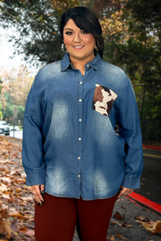 98 CP-D {This Is My Time} Med. Chambray Cow Print Top PLUS SIZE 1X 2X 3X