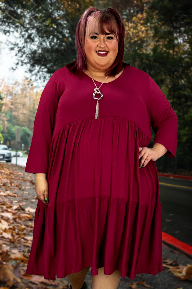 LD-H {Worth It All} Wine V-Neck Tiered Dress EXTENDED PLUS SIZE 3X 4X 5X