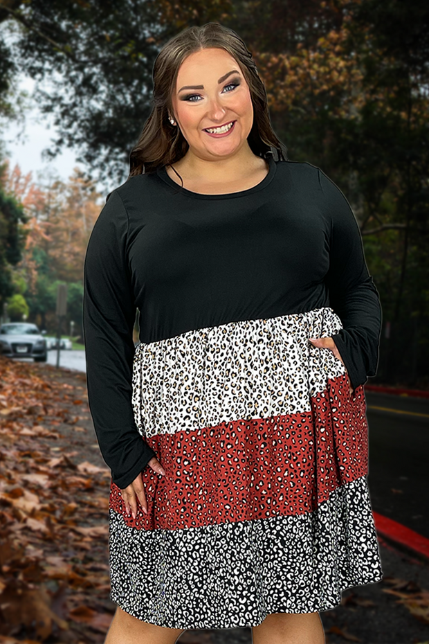 59 CP-I {Young Forever} ***SALE***Black/Ivory/Rust Animal Print Dress PLUS SIZE 1X 2X 3X