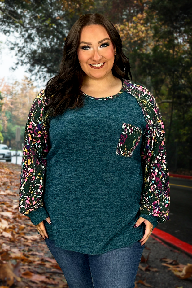 55 CP-M {All In Order} Teal Top w/Multi Print Contrast PLUS SIZE XL 2X 3X