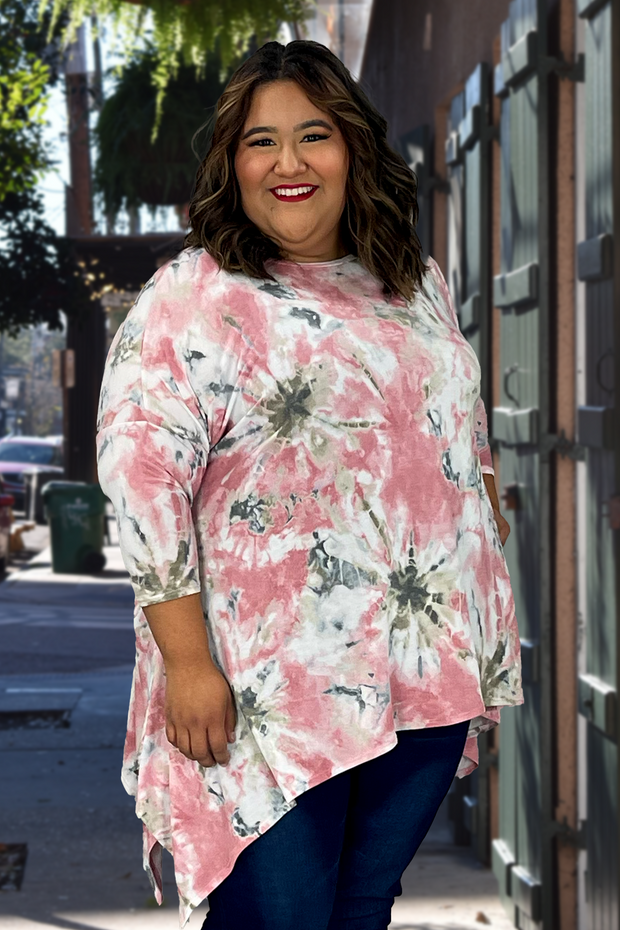 73 PSS-A {All The Best} Pink/Taupe Print Top Sharkbite Hem EXTENDED PLUS SIZES 3X 4X 5X
