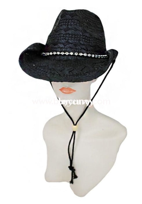 Hat-Black Straw Cowgirl Hat With Rhinestone Band Hats