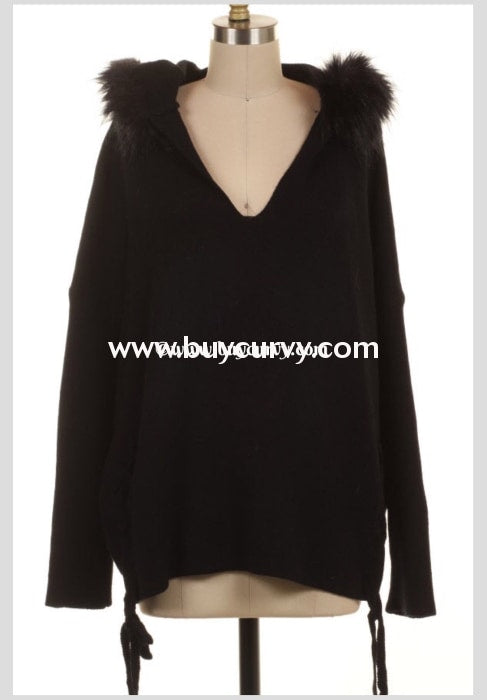 Hd-P Ebony Black Stretchy Knit With Faux Fur Hood Sale!! Hoodies