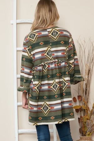 88 PQ-Z {Busy Night } Olive Aztec Print Babydoll Tunic EXTENDED PLUS SIZE 3X 4X 5X