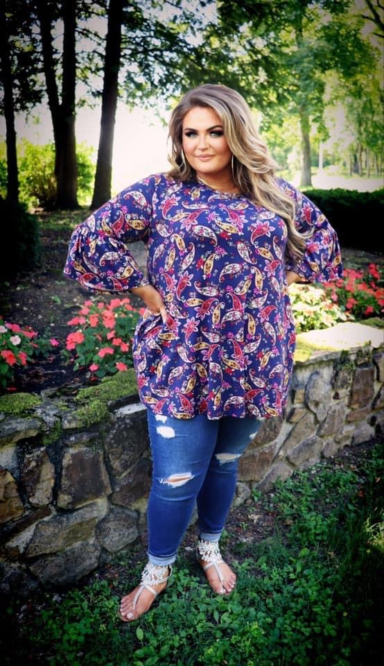 PQ-M {Simple Country LIfe} Navy Tunic W/Multi Color Paisley Print PLUS SIZE 1X 2X 3X