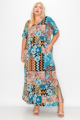 LD-O {Outlined Beauty} Teal Floral Paisley Print Maxi Dress EXTENDED PLUS SIZE 3X 4X 5X