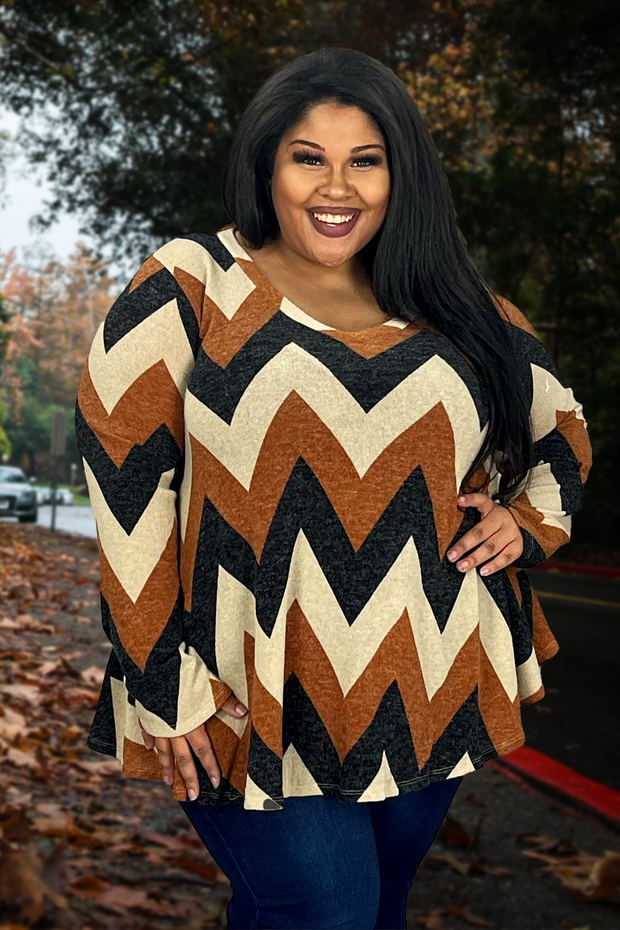 54 PLS-A {Going Strong} Brown Chevron Print V-Neck Top EXTENDED PLUS SIZE 3X 4X 5X