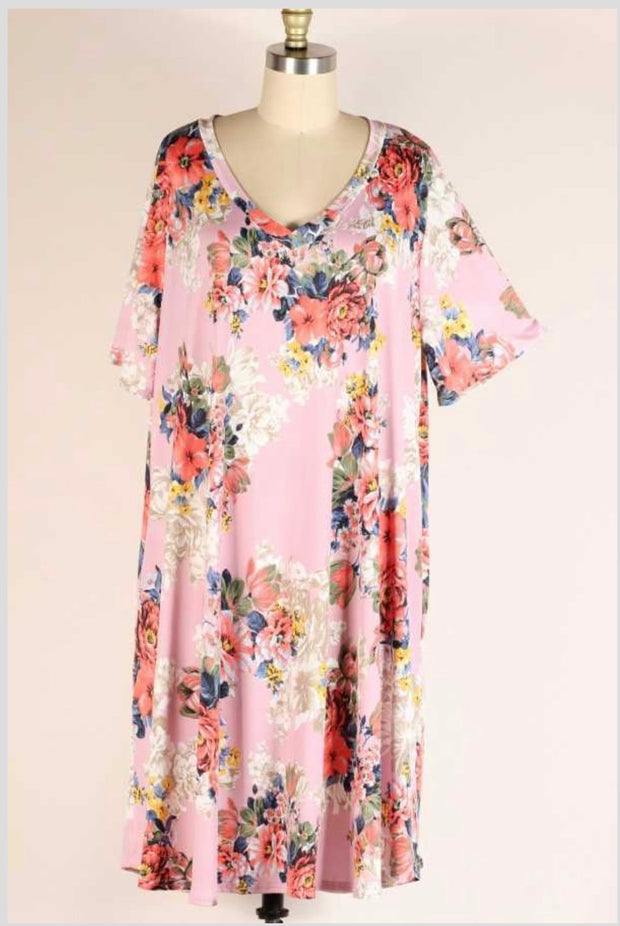 52 PSS-F {Flower Play} Peach ***SALE***Floral Print Dress EXTENDED PLUS SIZE 3X 4X 5X