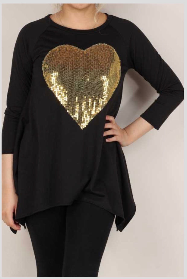 45-GT-B (My Heart is Golden) Black Tunic with Sequin Heart PLUS SIZE 1X 2X 3X