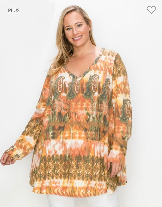 23 PLS-Z {Comfort Is Calling} Mustard Rust Print V-Neck Top EXTENDED PLUS SIZE 3X 4X 5X