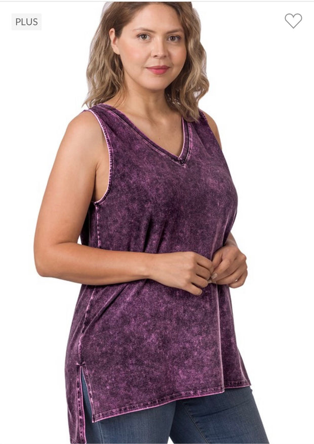 51 SV-I {Ease Along} Black Cherry***SALE*** Mineral Wash Sleeveless Top PLUS SIZE 1X 2X 3X