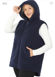63 OR 39 OT-Y {Looking For Fun} Navy Sherpa Hooded Vest PLUS SIZE 1X 2X 3X