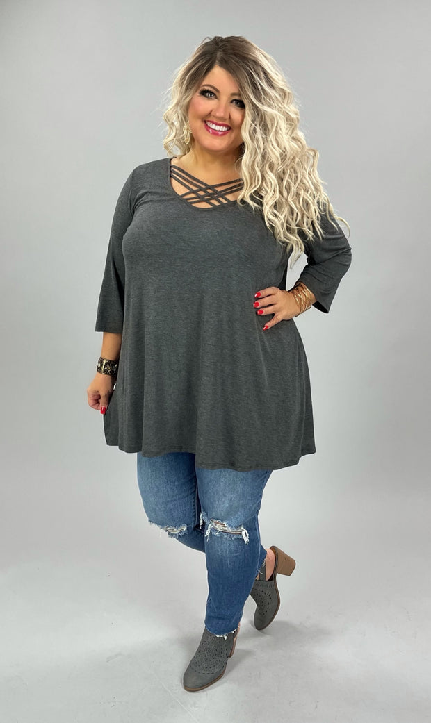 28 OR 37 SQ-P {Caged In Beauty} Charcoal Tunic Cage Neck Detail CURVY BRAND!! EXTENDED PLUS SIZE 3X 4X 5X 6X