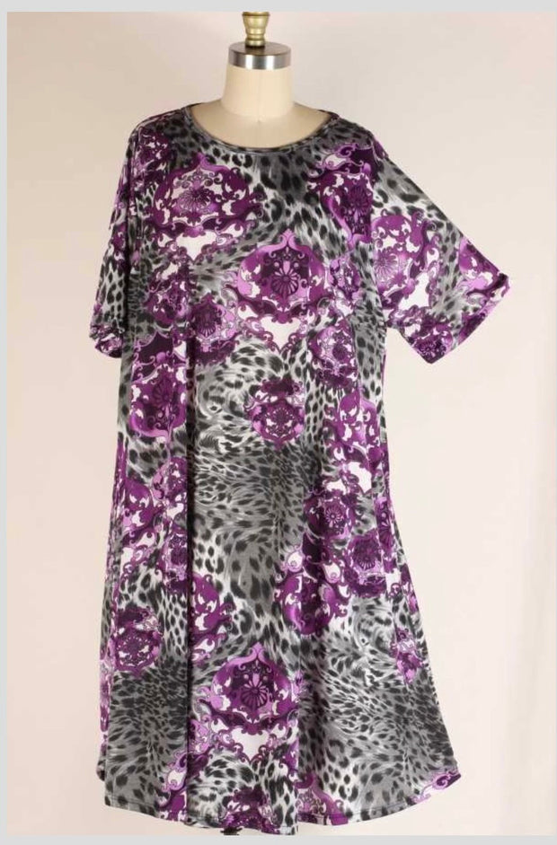 22 PSS-B {Steadfast Love} Purple/Black Damask Print Dress EXTENDED PLUS SIZE 3X 4X 5X