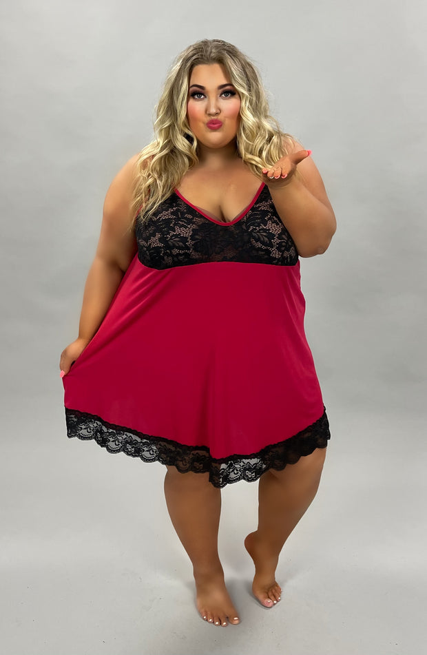 29 OR BT-C {Evening Delight} Deep Red Black Lace Chest Lingerie Gown CURVY BRAND EXTENDED SIZES 1X 2X 3X 4X 5X 6X***FLASH SALE***