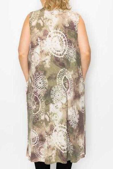 87 OT-Z {Love and Laughter} Olive Print Long Vest W/Pockets EXTENDED PLUS SIZE 4X 5X 6X