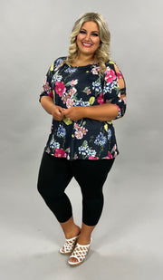 49 OS-A {Flowers In Bloom} ***FLASH SALE***Floral Print Cut Out Sleeve Top PLUS SIZE XL 2X 3X