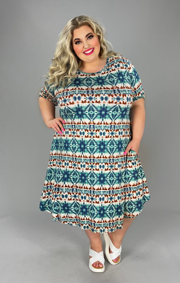 78 PSS-B {Throwing Shade} ***SALE***Rust/Teal/Ivory Print Dress EXTENDED PLUS SIZES 3X 4X 5X