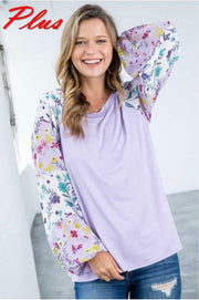 90 CP-C {Lilac Fields} Lilac Top W/Floral Sleeves PLUS SIZE 1X 2X 3X