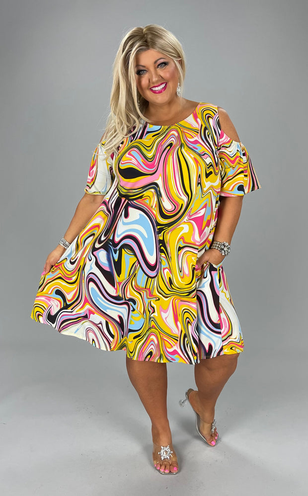 76 OS-A {Don't Be Deceived} Yellow/Multi Swirl Print Top PLUS SIZES XL 2X 3X