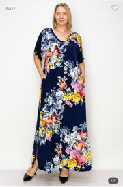 LD-V {Romance Awaits} Navy Floral V-Neck Long Dress EXTENDED PLUS SIZE 3X 4X 5X