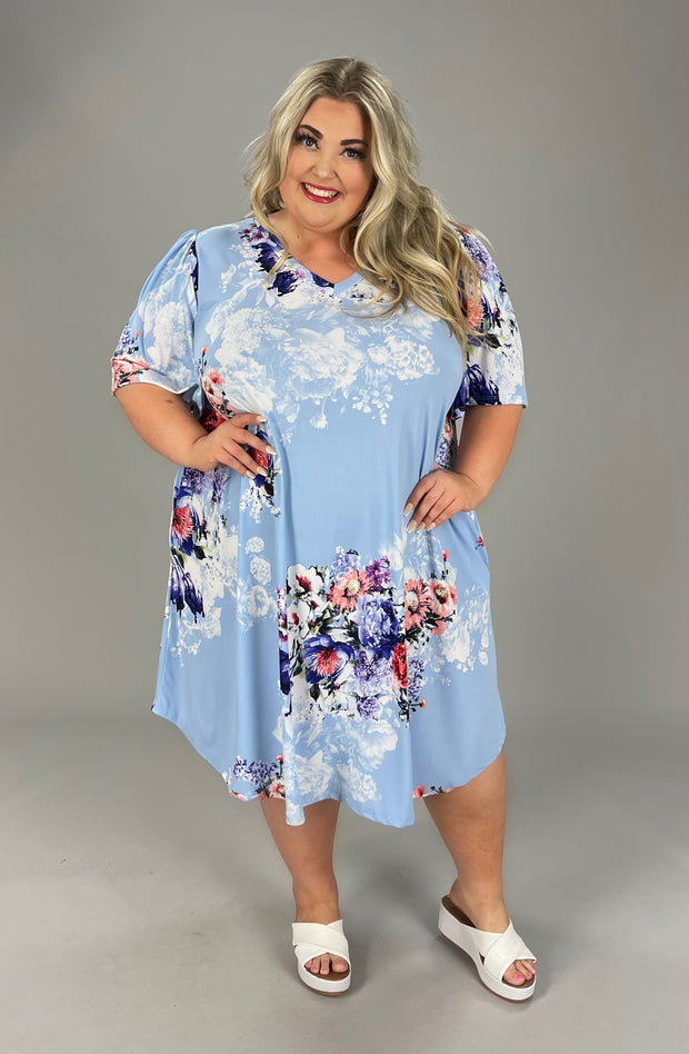 67 PSS-Q {Above The Clouds} ***SALE***Sky Blue Floral V-Neck Dress EXTENDED PLUS SIZES 3X 4X 5X
