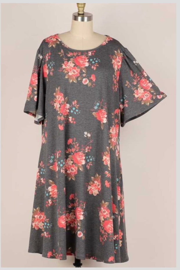 88 PSS-G {Roll Out The Coral} Grey/Coral***SALE*** Floral Dress EXTENDED PLUS SIZE 3X 4X 5X