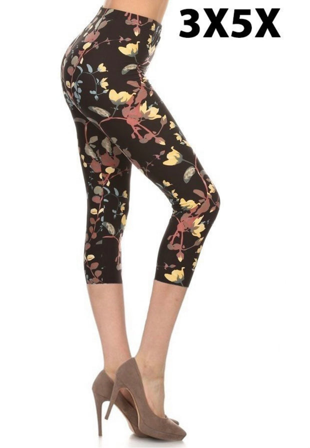 LEG-54 {Blooming Tree} Yellow Floral Butter Soft Capri Leggings EXTENDED PLUS SIZE 3X/5X